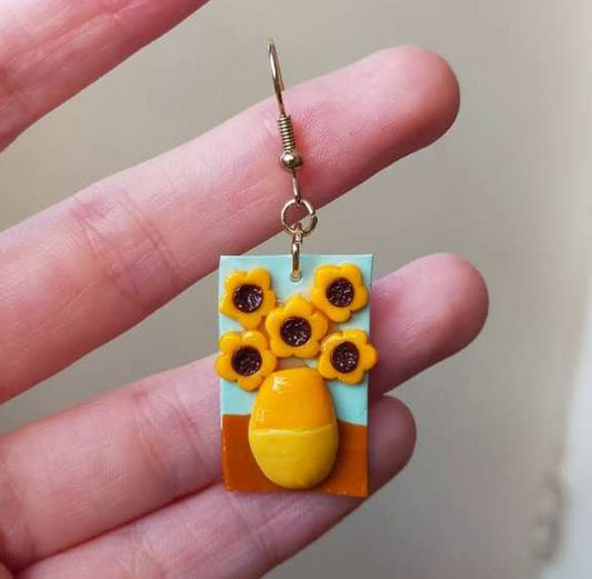 Sunflower Painting Dangle Hook Earrings